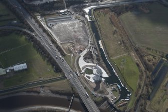 Oblique aerial view of the Kelpies, looking S.