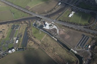 Oblique aerial view of the Kelpies, looking NNE.