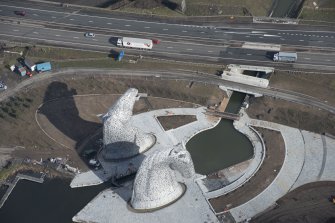 Oblique aerial view of the Kelpies, looking NE.