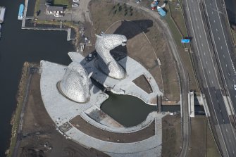 Oblique aerial view of the Kelpies, looking NNW.