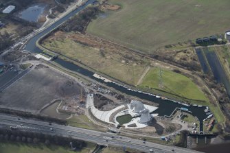 Oblique aerial view of the Kelpies, looking SSW.