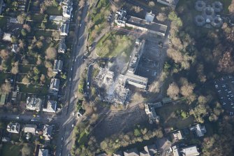 Oblique aerial view of the Viewforth Local Government Offices, Stirling, during demolition, looking NNW.