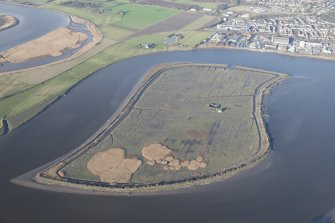 Oblique aerial view of Inch Island in the River Forth, looking N.