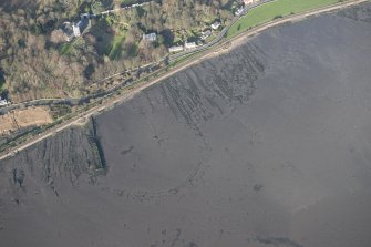 Oblique aerial view of the pier and fish trap at Culross, looking NNE.