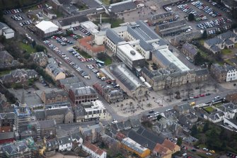 Oblique aerial view of Haddington Corn Exchange and County Buildings, looking SSW.