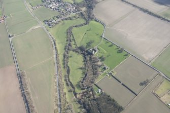 Oblique aerial view of Balgonie Castle, looking SE.
