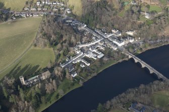 Oblique aerial view of Dunkeld, Dunkeld Catherdral and Cathedral Street Drill Hall, looking NE.