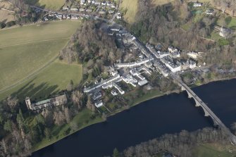 Oblique aerial view of Dunkeld, Dunkeld Catherdral and Cathedral Street Drill Hall, looking NNE.