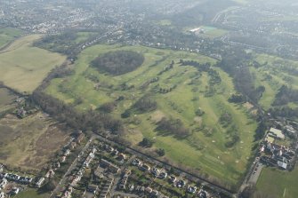 Oblique aerial view of Royal Burgess Golf Course and Bruntsfield Golf Course, looking to the SSE.