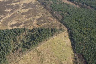 Oblique aerial view of the site of enclosure, pillboxes and trenches, looking ENE.