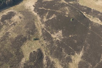 Oblique aerial view of the site of enclosure, pillboxes and trenches, looking WSW.