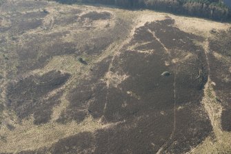 Oblique aerial view of the site of enclosure, pillboxes and trenches, looking SSW.