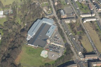 Oblique aerial view of of Tollcross Leisure Centre, looking to the NNE.