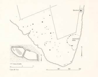 Plan of the Elsness area with detailed plan of cist from cairn B