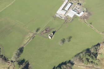 Oblique aerial view of Gilbertfield Castle, looking NNW.