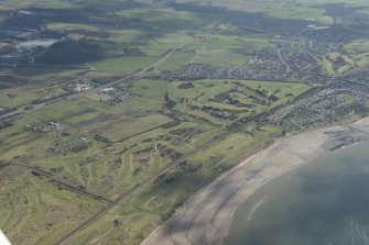 Oblique aerial view of Dundonald Links Golf Course and Kilmarnock Barassie Golf Course, looking ESE.