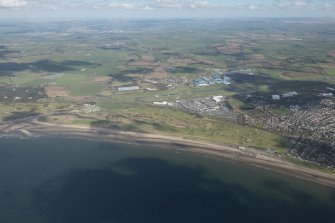 Oblique aerial view of Prestwick Golf Course and Prestwick Airport, looking NNE.