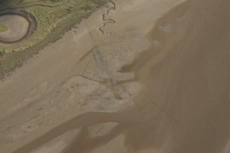 Oblique aerial view of the Scaur Fishery stake nets, looking E.