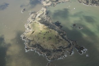 Oblique aerial view of Barlocco Isle and the clearance cairns, field banks and rig, looking NNE.