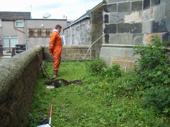 General shot of area of pit 4 for watching brief at Abbey Tower Lightning Protection, Kilwinning
