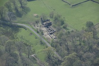 Oblique aerial view of Lochwood Tower, looking SSW.