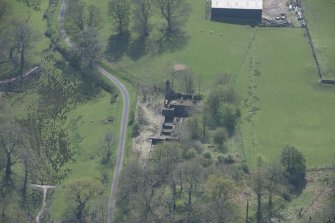 Oblique aerial view of Lochwood Tower, looking S.
