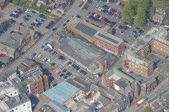 Oblique aerial view of Loreburn Hall Drill Hall, looking NNE.
