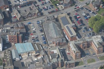 Oblique aerial view of Loreburn Hall Drill Hall, looking N.