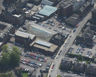 Oblique aerial view of Loreburn Hall Drill Hall, looking SW.