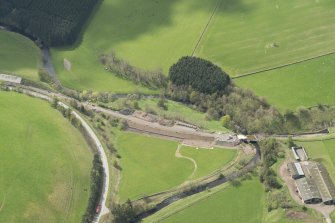 Oblique aerial view of the construction of the Bowshank section of the Hawick to Edinburgh Branch Line, looking SW.