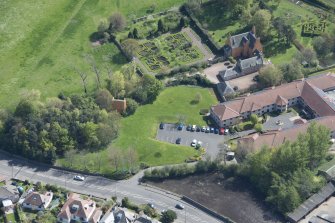 Oblique aerial view of Liberton House, walled garden and dovecot, looking SSE.