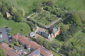 Oblique aerial view of Liberton House, walled garden and dovecot, looking E.