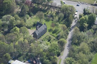 Oblique aerial view of Peffermill House, looking S.