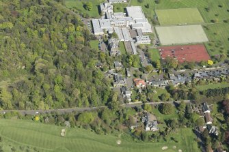 Oblique aerial view of Old Ravelston House, Ravelston House walled garden and the Mary Erskine School, looking ENE.