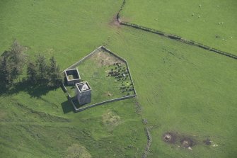 Oblique aerial view of Repentance Tower and Trail Trow Chapel, looking E.