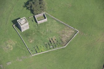 Oblique aerial view of Repentance Tower and Trail Trow Chapel, looking NNE.