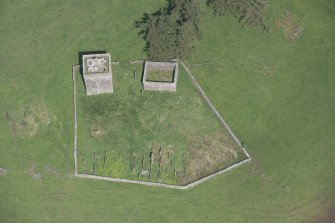 Oblique aerial view of Repentance Tower and Trail Trow Chapel, looking N.