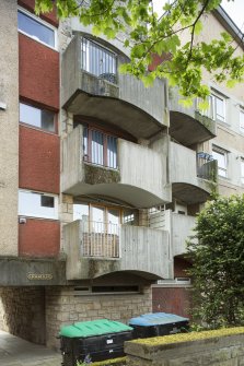 Detail of balconies on rear elevation of Spence, Glover & Ferguson Canongate Housing, 97-103 Canongate, Edinburgh.