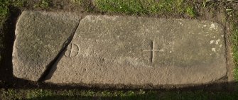 View of recumbent slab with one incised cross and one incised and encircled cross