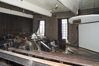 View of lecture theatre in the west basement of the Mackintosh building, with some damage resulting from the fire.