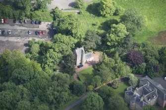 Oblique aerial view of Cramond Tower, looking NW.