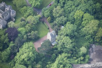 Oblique aerial view of Cramond Tower, looking SW.
