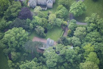 Oblique aerial view of Cramond Tower, looking SSE.