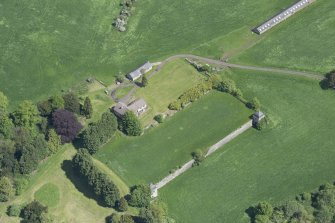 Oblique aerial view of the site of Hatton House, looking NE.