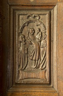 Charter room. Detail of carved wooden panel.