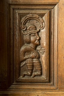 Charter room. Detail of carved wooden panel.