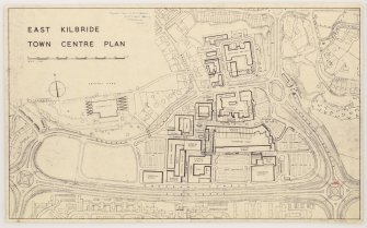 Master development plans of East Kilbride, including plan of potential sites for swimming pool.  Layout plans of town centre and site plan.  Sketch plans and elevations.