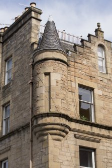 Detail of turret on front elevation of 2-18 Jeffrey Street, Edinburgh.