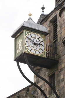 Detail of projecting clock at City Museum, Canongate Tolbooth, 163 Canongate, Edinburgh.