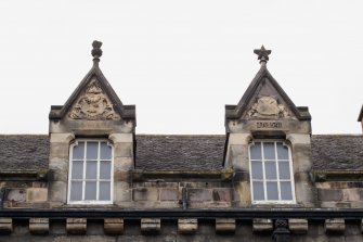 Detail of decorative stonework to dormer gables at City Museum, Canongate Tolbooth, 163 Canongate, Edinburgh.